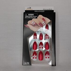 Glittering Goth Press On Nails Red / White Spooky Drip Skulls New Set Of 24